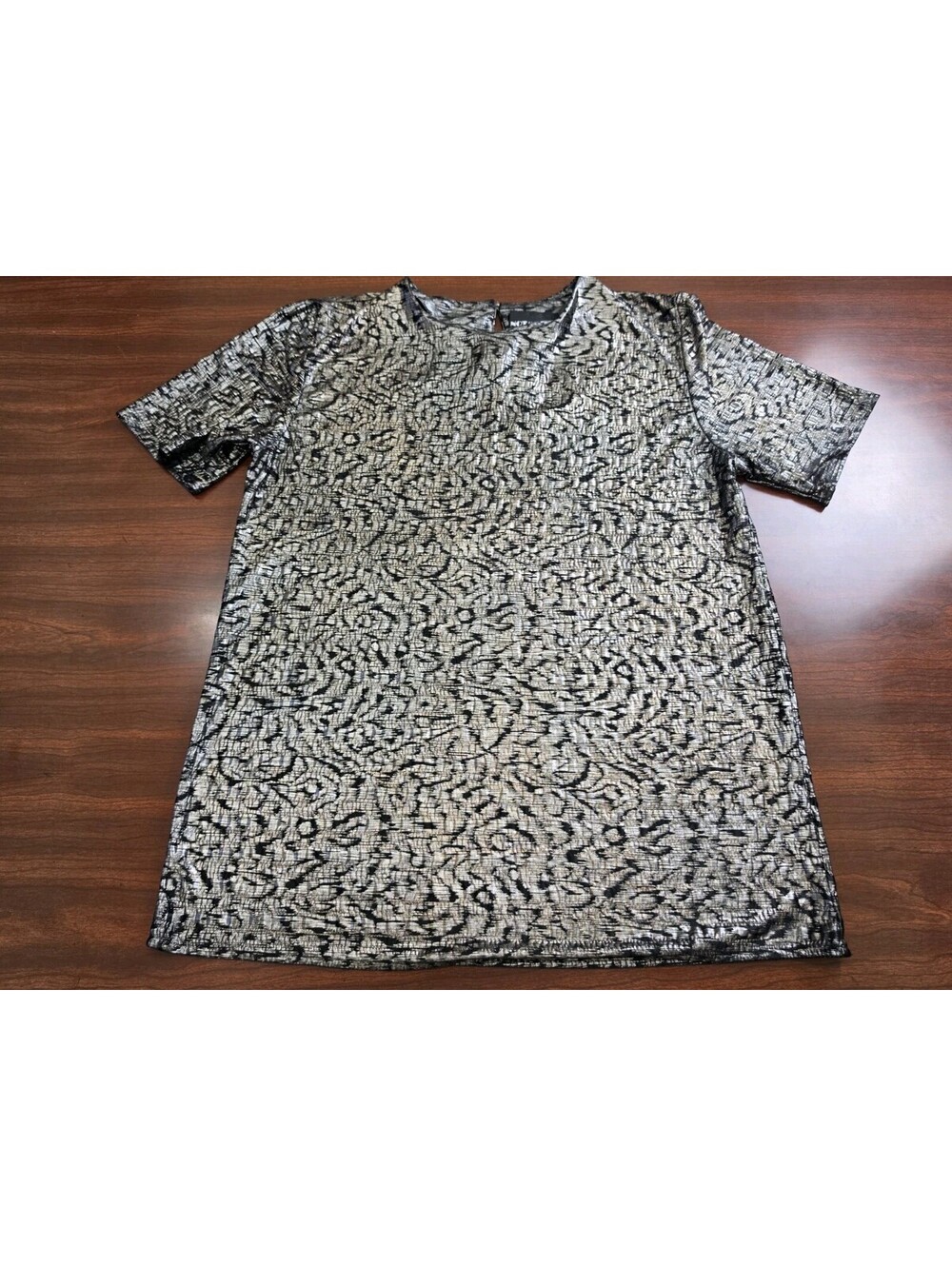 Notations Silver Black Metallic Foil Top Small Short Sleeve Party Glam Clubwear